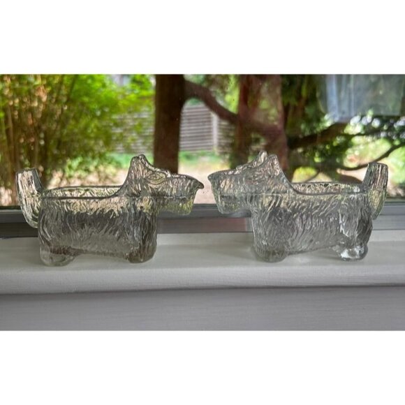 Pr Vtg Glass Scottie Dog Terrier Spoon Rest Dish Clear Textured - Picture 1 of 10
